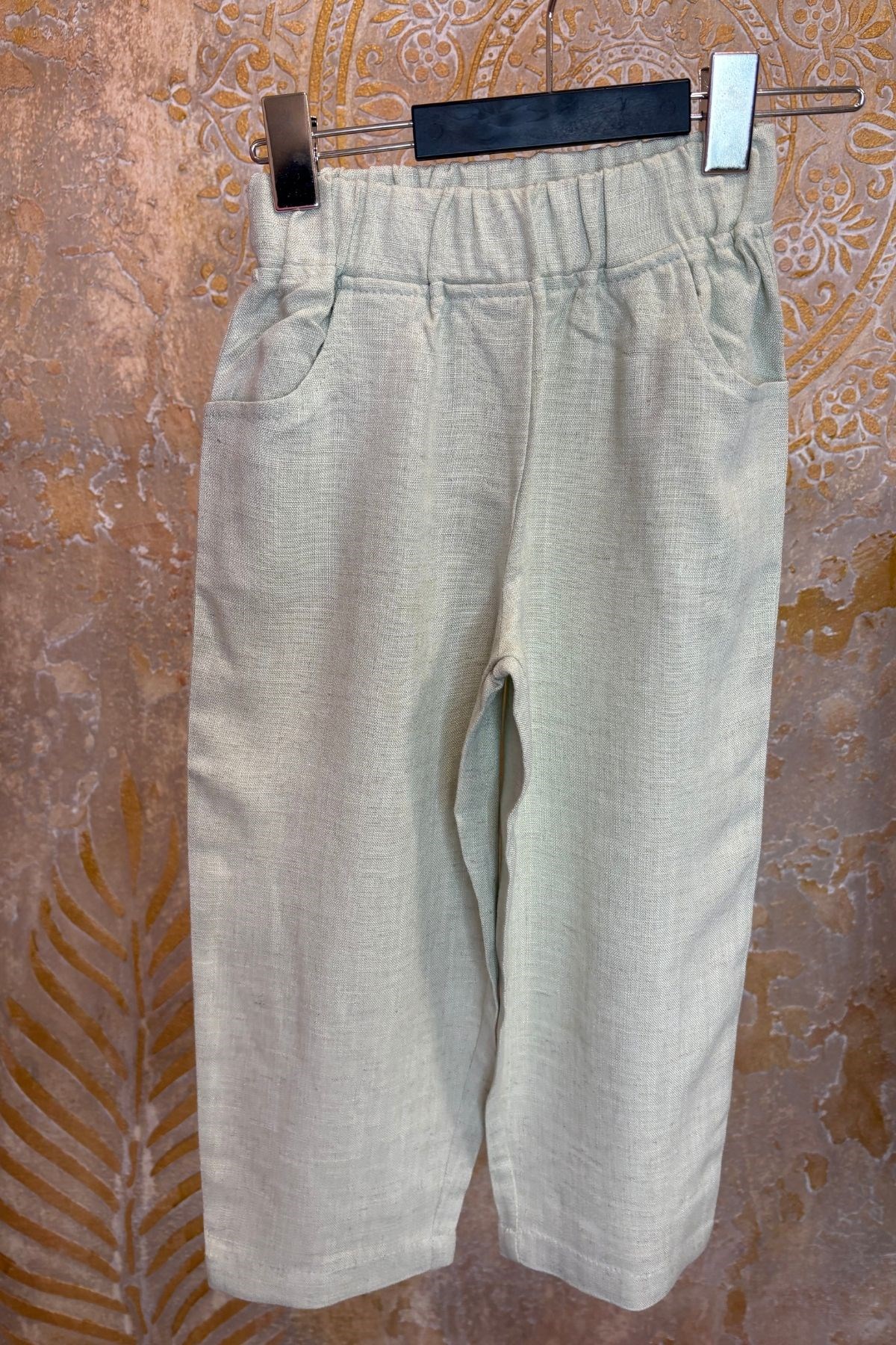 Üniseks Çocuk Naturel Keten Pantolon-Yeşil