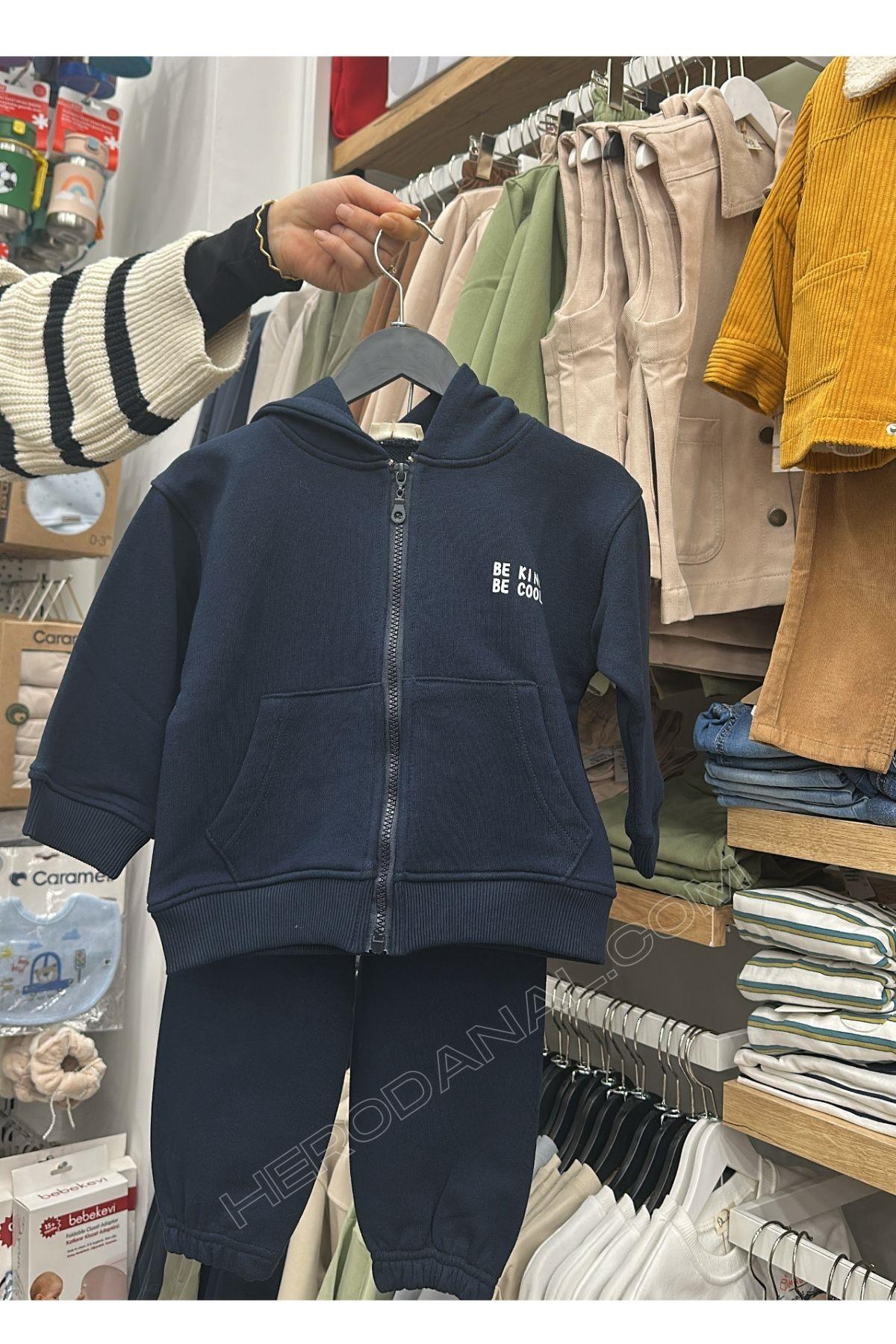 Unisex Çocuk Fermuarlı Kaponlu Eşofman Takım - Lacivert