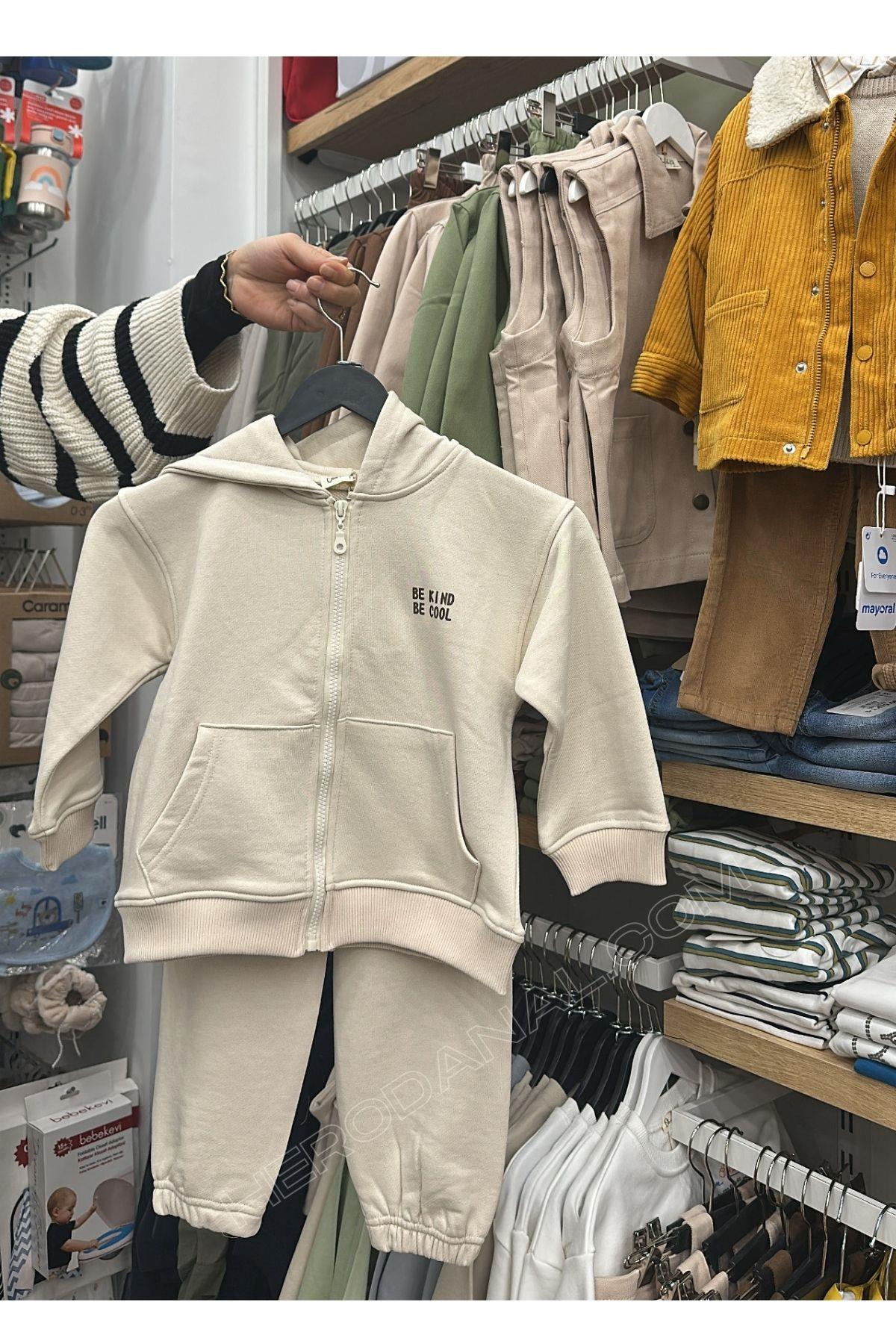 Unisex Çocuk Fermuarlı Kaponlu Eşofman Takım - Bej