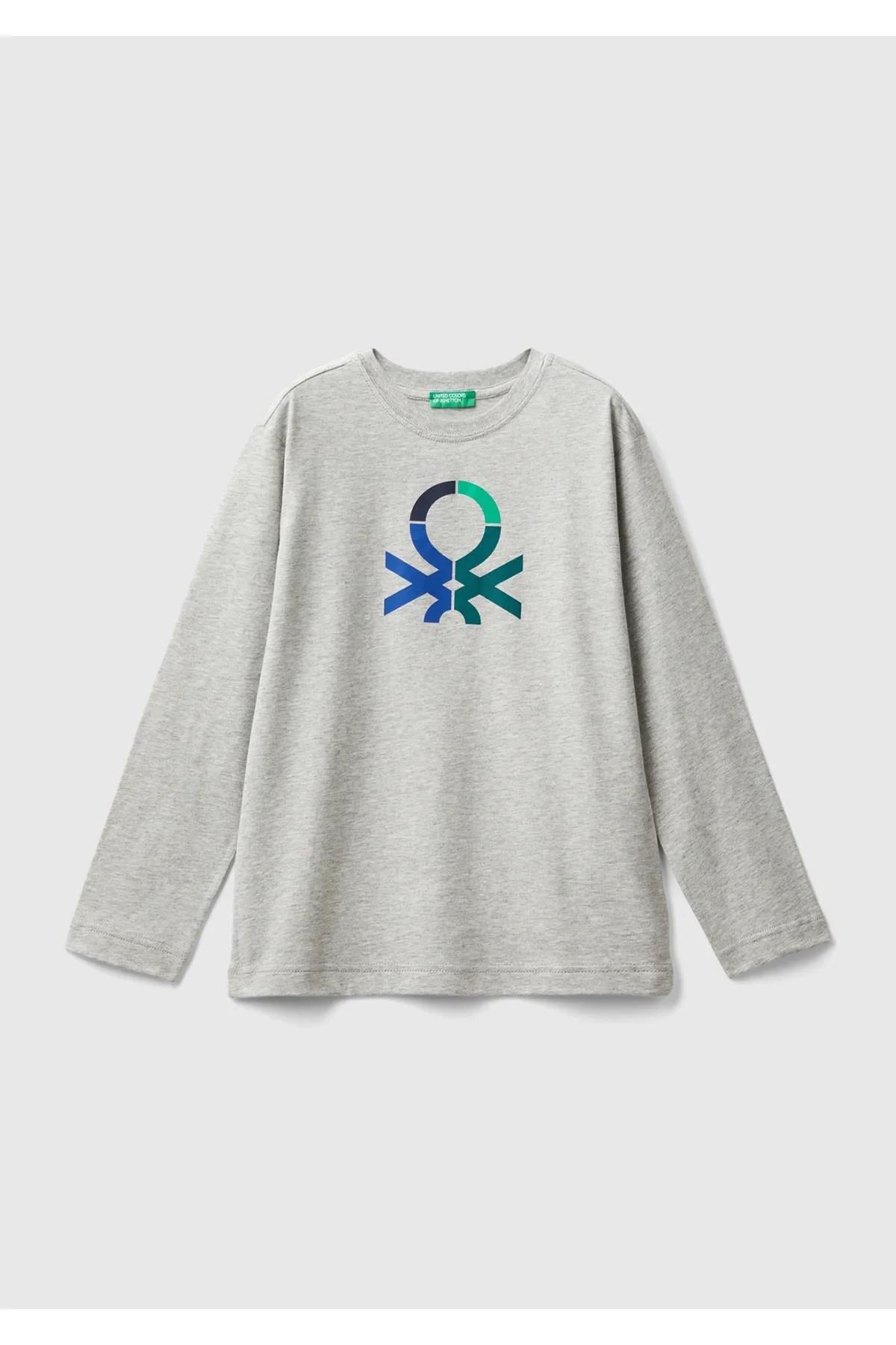 United Colors of Benetton Erkek Çocuk Renkli Logo Baskılı Bisiklet Yaka Uzun Kollu T-Shirt