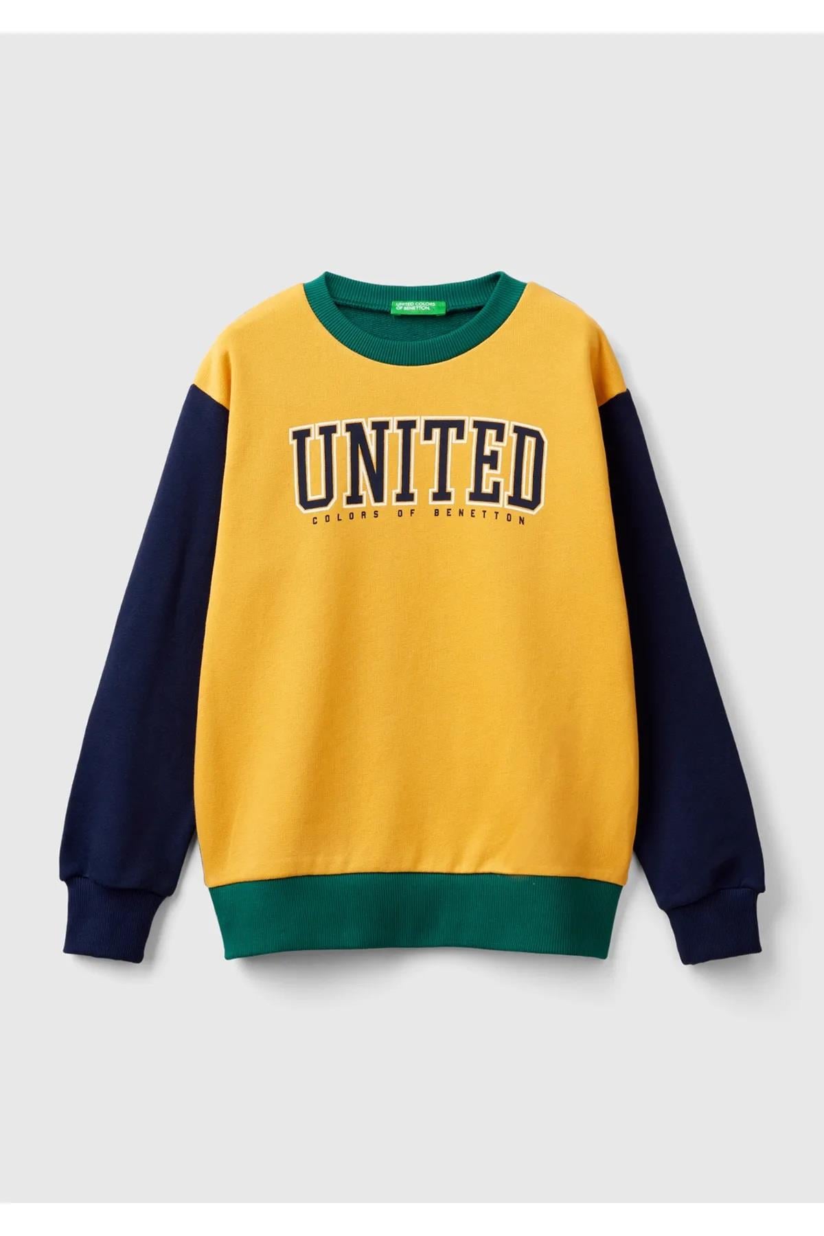 United Colors of Benetton Erkek Çocuk Mix Önü Logo Baskılı Bisiklet Yaka Ribanalı Sweatshirt