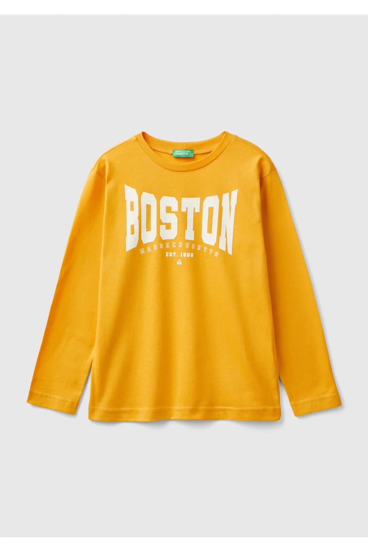 United Colors of Benetton Erkek Çocuk Hardal Sarı Önü Baskılı Bisiklet Yaka Uzun Kollu T-Shirt
