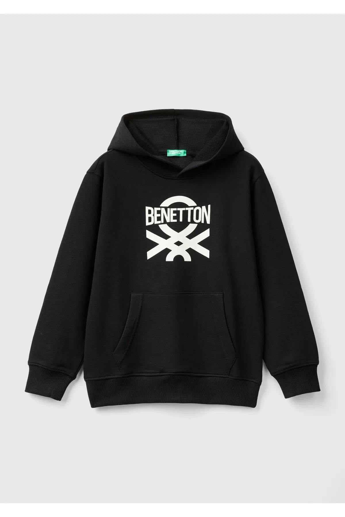 United Colors of Benetton Erkek Çocuk Önü Logo Baskılı Ribanalı Kapüşonlu Sweatshirt