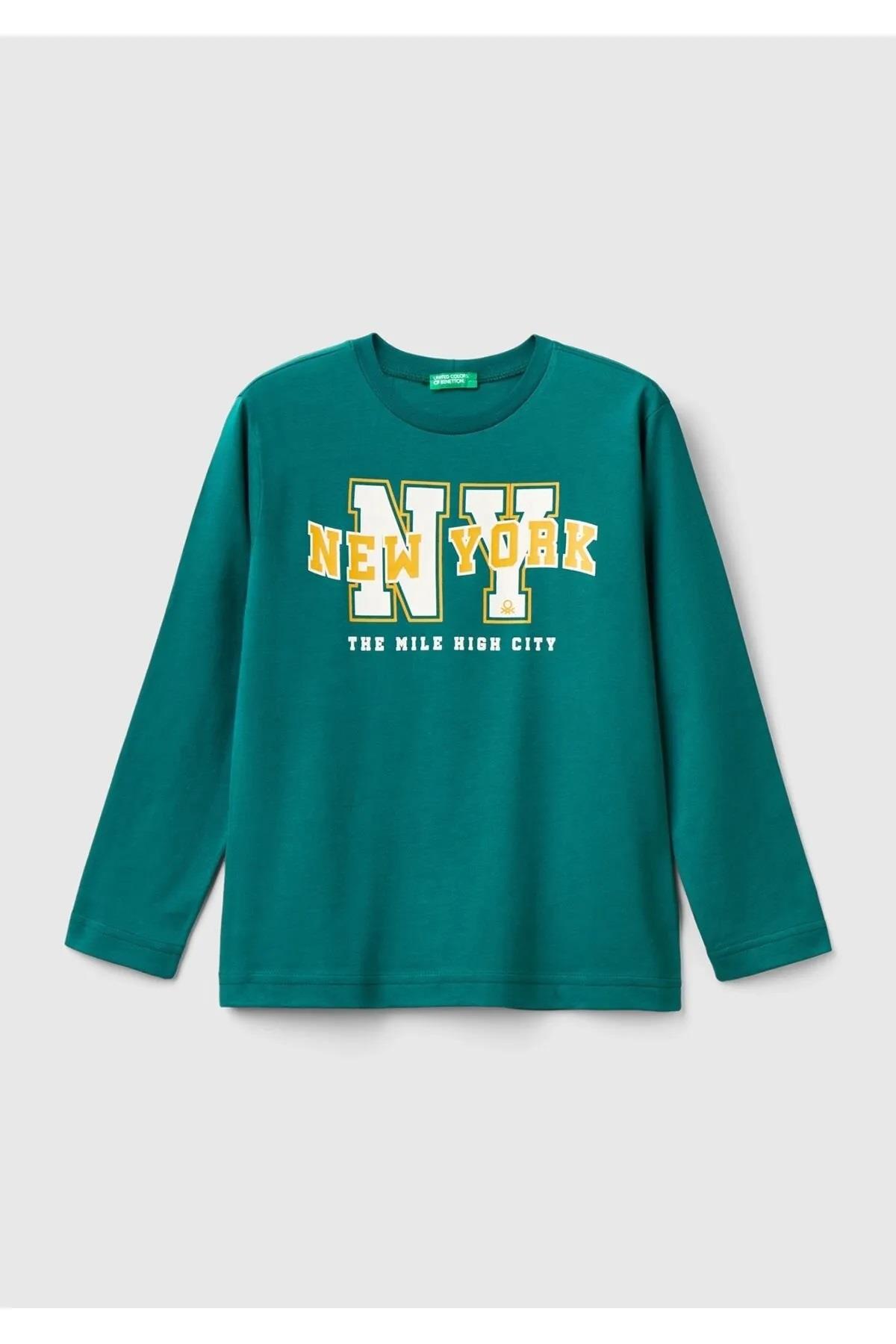 United Colors of Benetton Erkek Çocuk Önü Baskılı Bisiklet Yaka Uzun Kollu T-Shirt
