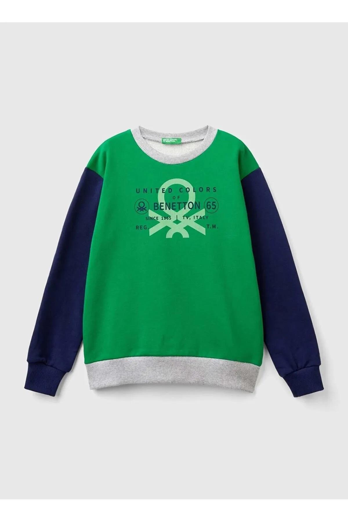 United Colors of Benetton Erkek Çocuk Mix Önü Logo Baskılı Bisiklet Yaka Ribanalı Sweatshirt
