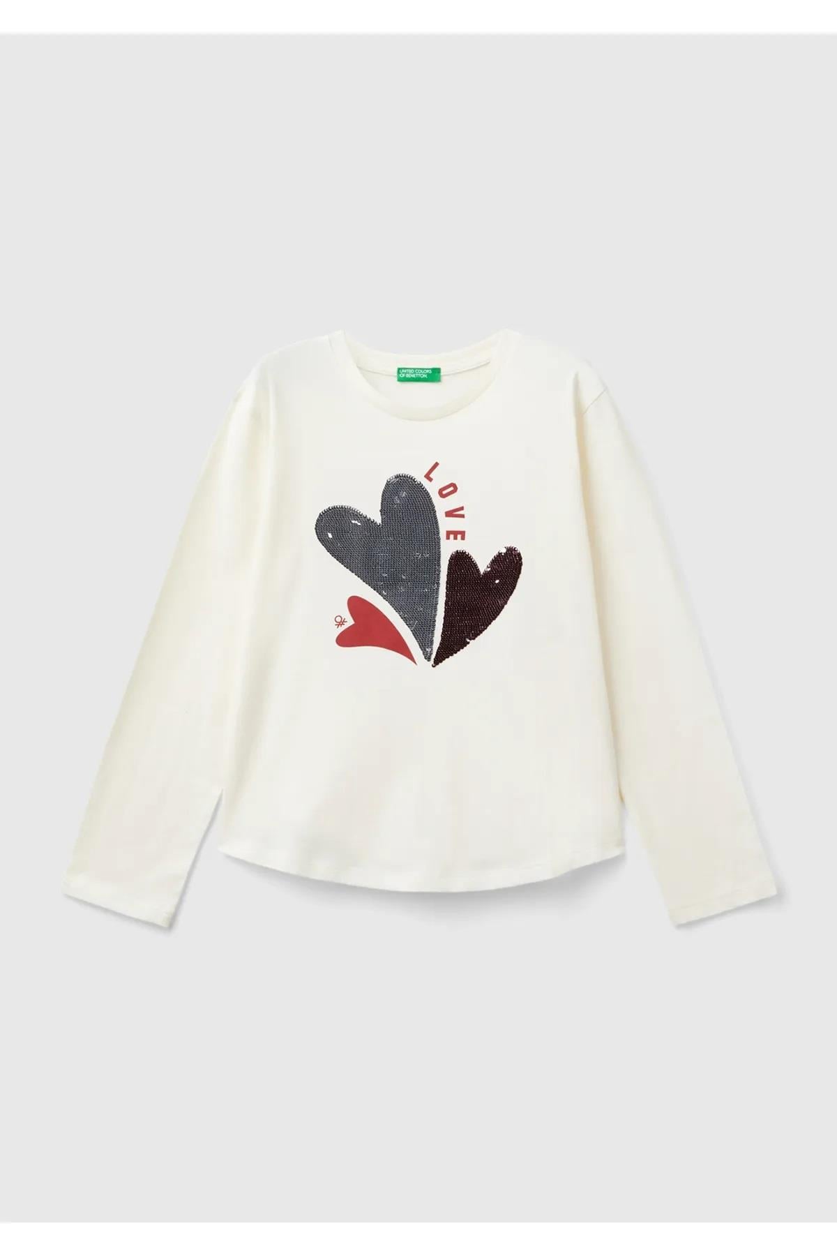 United Colors of Benetton Kız Çocuk Ekru Önü Pullu Baskı Detaylı Etek Ucu Yuvarlak Uzun Kollu T-Shirt