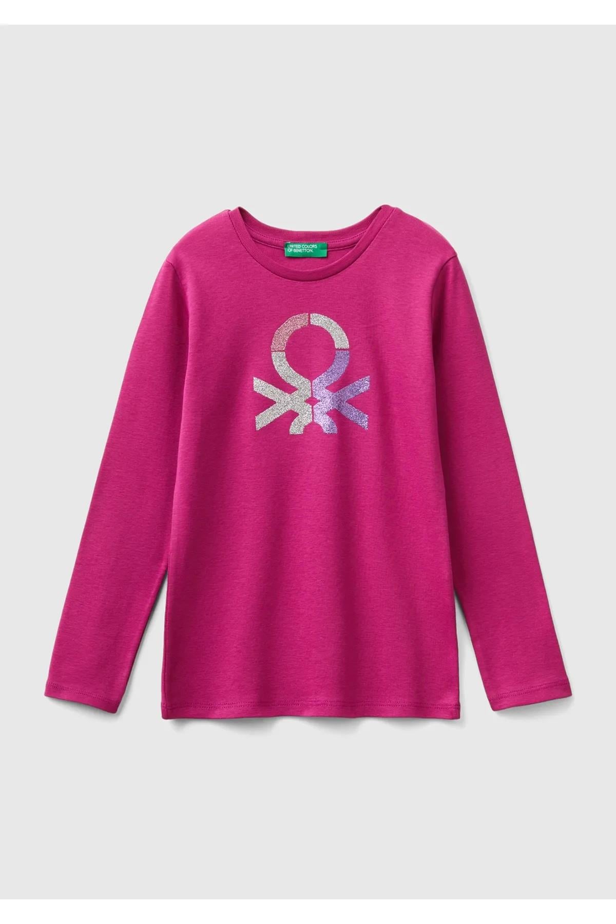 United Colors of Benetton Kız Çocuk Fuşya Önü Parıltılı Logo Baskılı Regular Fit Uzun Kollu T-Shirt