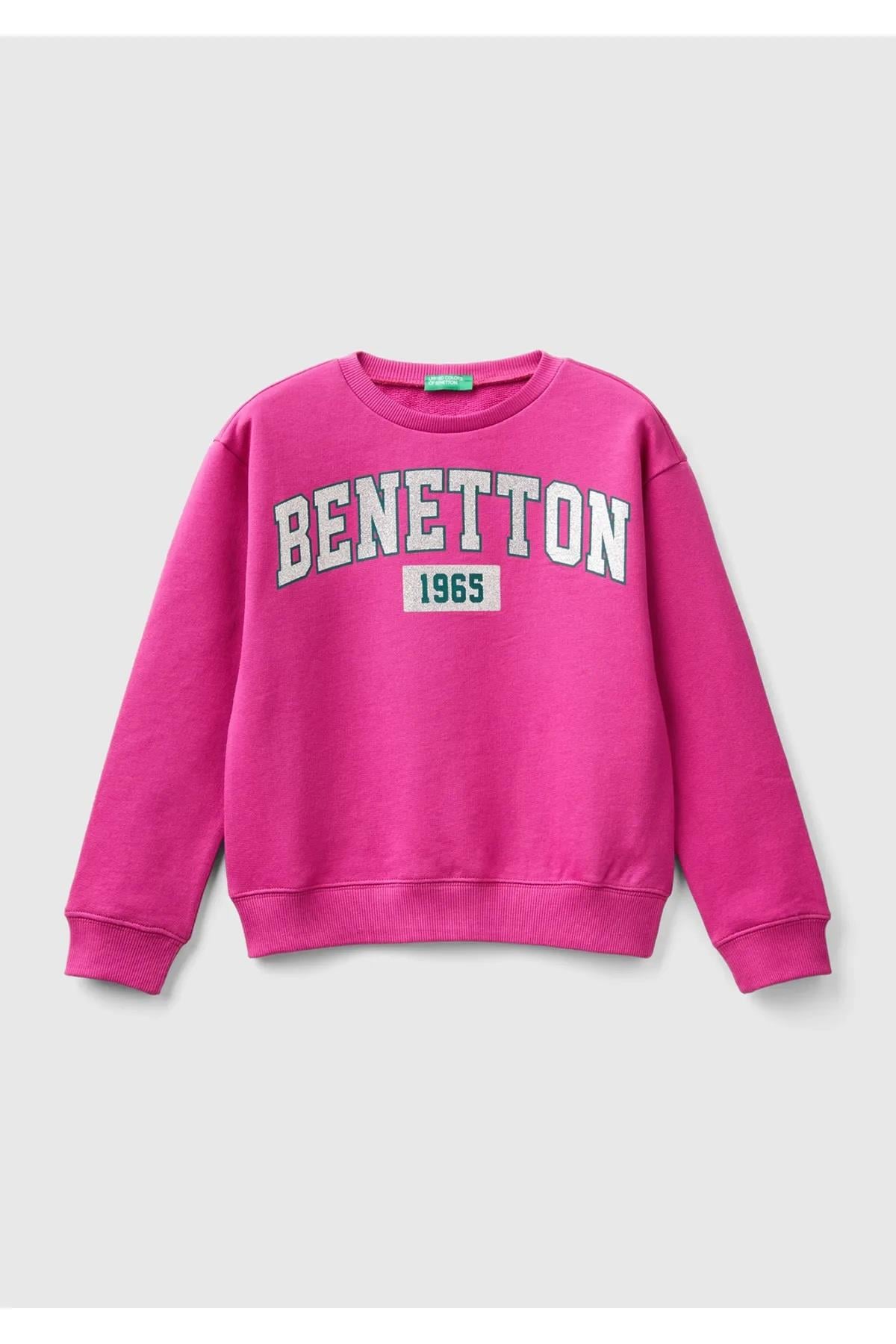 United Colors of Benetton Kız Çocuk Fuşya Önü Parıltılı Logo Baskılı Bisiklet Yaka Sweatshirt