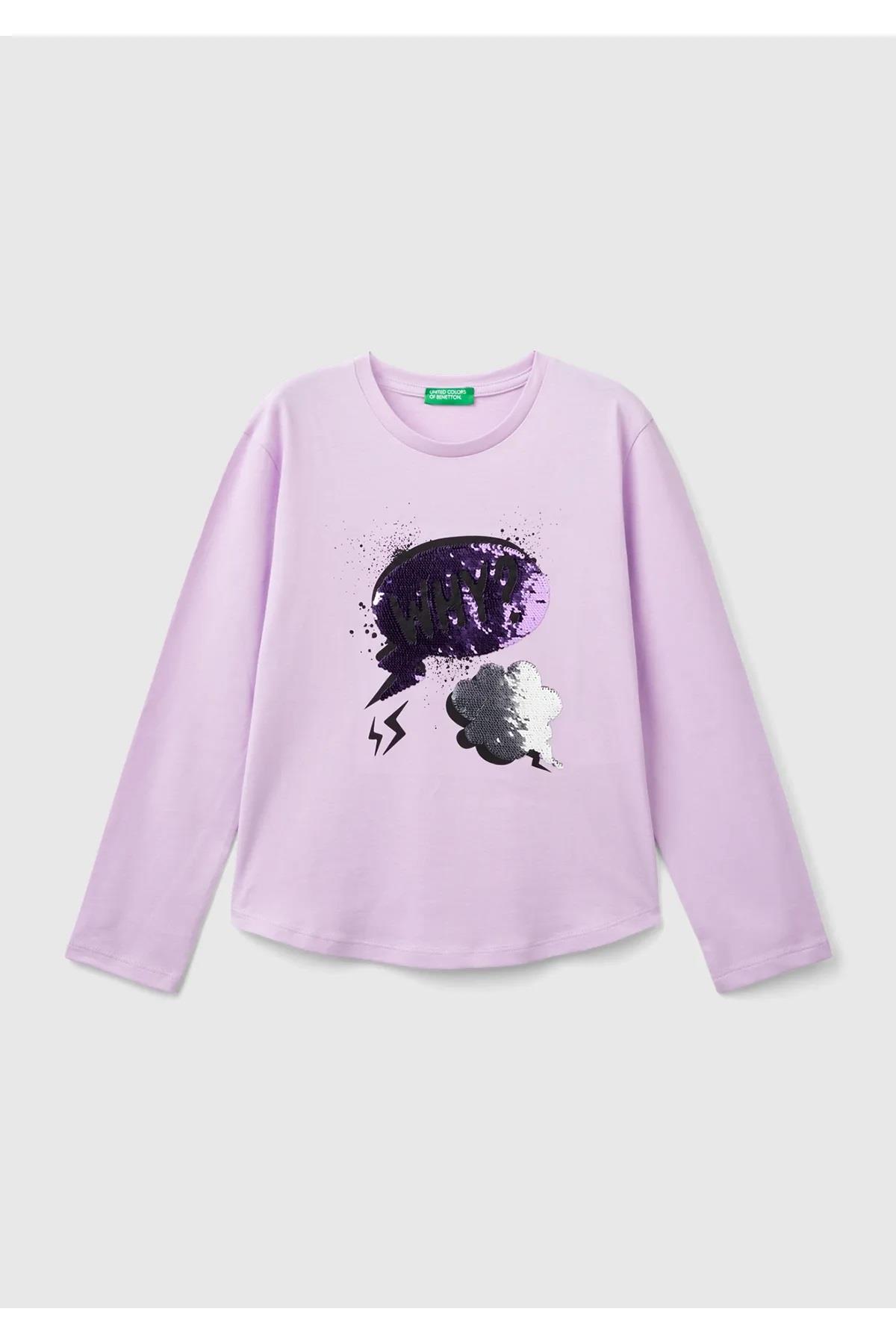 United Colors of Benetton Kız Çocuk Lila Önü Pullu Baskı Detaylı Etek Ucu Yuvarlak Uzun Kollu T-Shirt