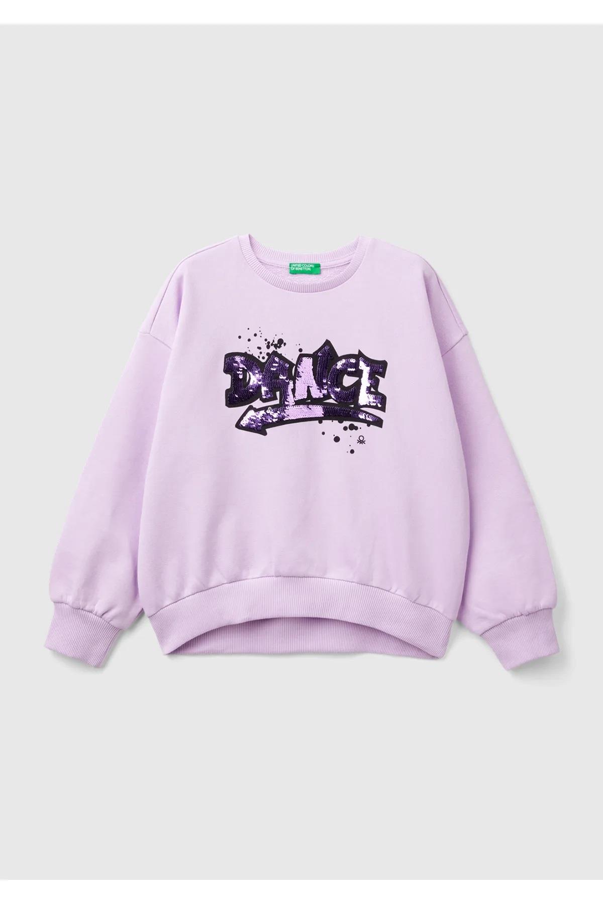 United Colors of Benetton Kız Çocuk Lila Önü Pullu Baskı Detaylı Bisiklet Yaka Sweatshirt