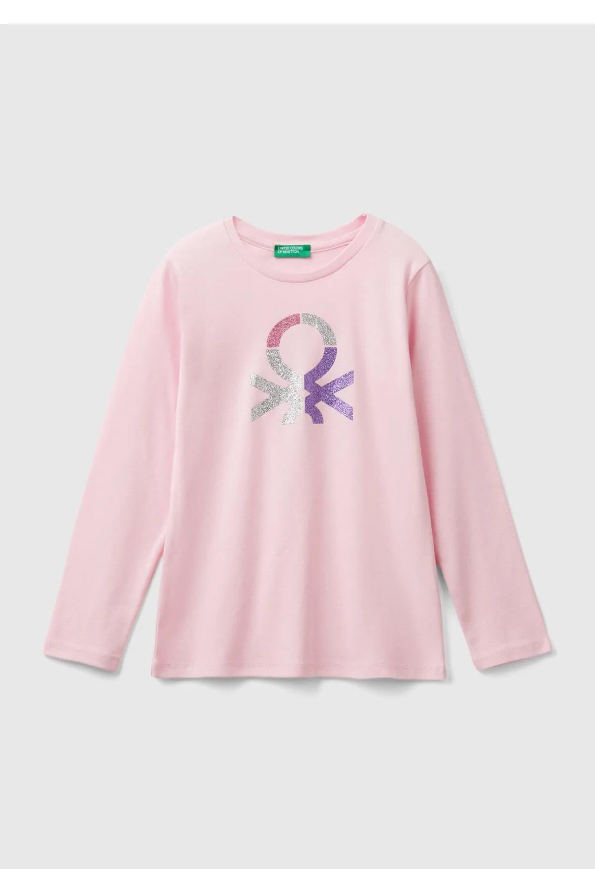 United Colors of Benetton Kız Çocuk Pembe Önü Parıltılı Logo Baskılı Regular Fit Uzun Kollu T-Shirt