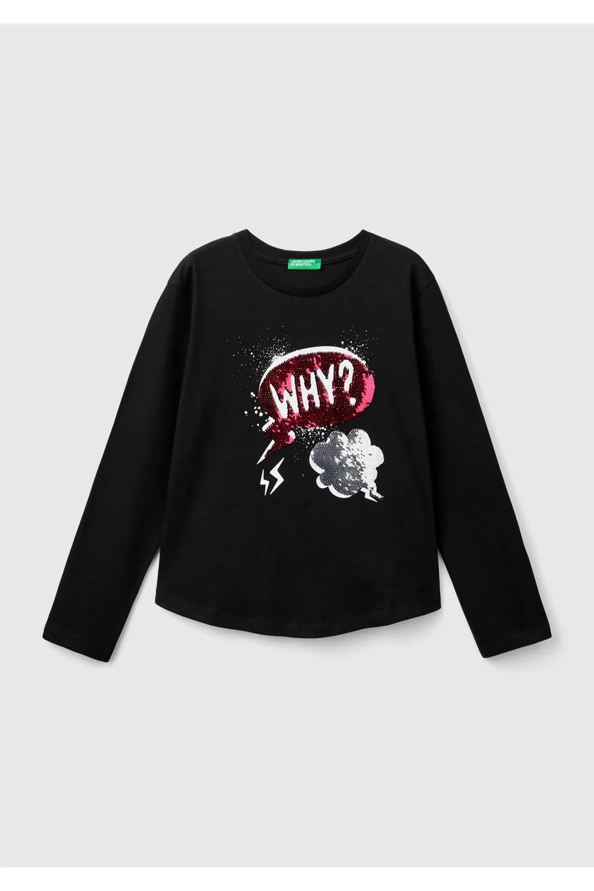 United Colors of Benetton Kız Çocuk Siyah Önü Pullu Baskı Detaylı Etek Ucu Yuvarlak Uzun Kollu T-Shirt