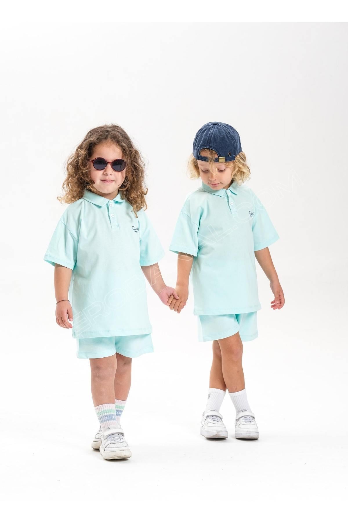 Yakalı Unisex Çocuk Takım -  Su Yeşili
