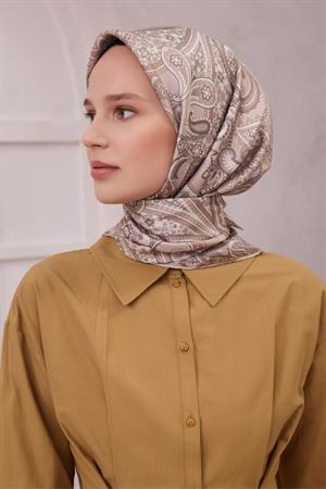 Belli Etnik Desen İpek Eşarp (Twill) - Bej - 02