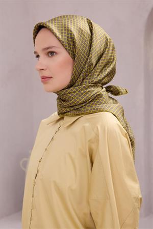 Belli Geometrik Desen İpek Eşarp (Twill) - Yeşil - 35