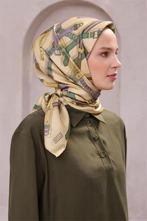 Belli Kemer Desen İpek Eşarp (Twill) - Sarı - 02