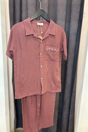 Cebi Nakış Detaylı Gömlek Pantolon Takım -Bordo