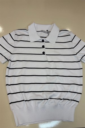 Kadın Çizgili Pola Yaka Tshirt -Ekru
