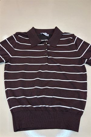 Kadın Çizgili Pola Yaka Tshirt -Kahverengi