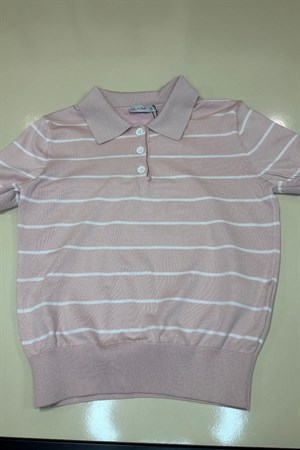 Kadın Çizgili Pola Yaka Tshirt -Pembe