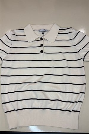 Kadın Çizgili Pola Yaka Tshirt -Tereyağı