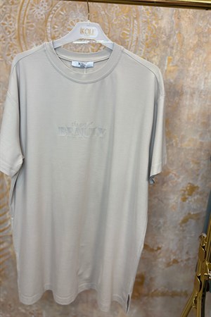 Kadın Tonoton Baskılı Basıc T-shirt -Bej