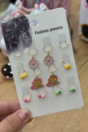 Kelebek ve Çiçek Detaylı Halka Model Trend Saç Küpesi 12'li