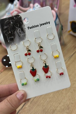 Kiraz ve Çilek Detaylı Halka Model Trend Saç Küpesi 12'lu - Naturel
