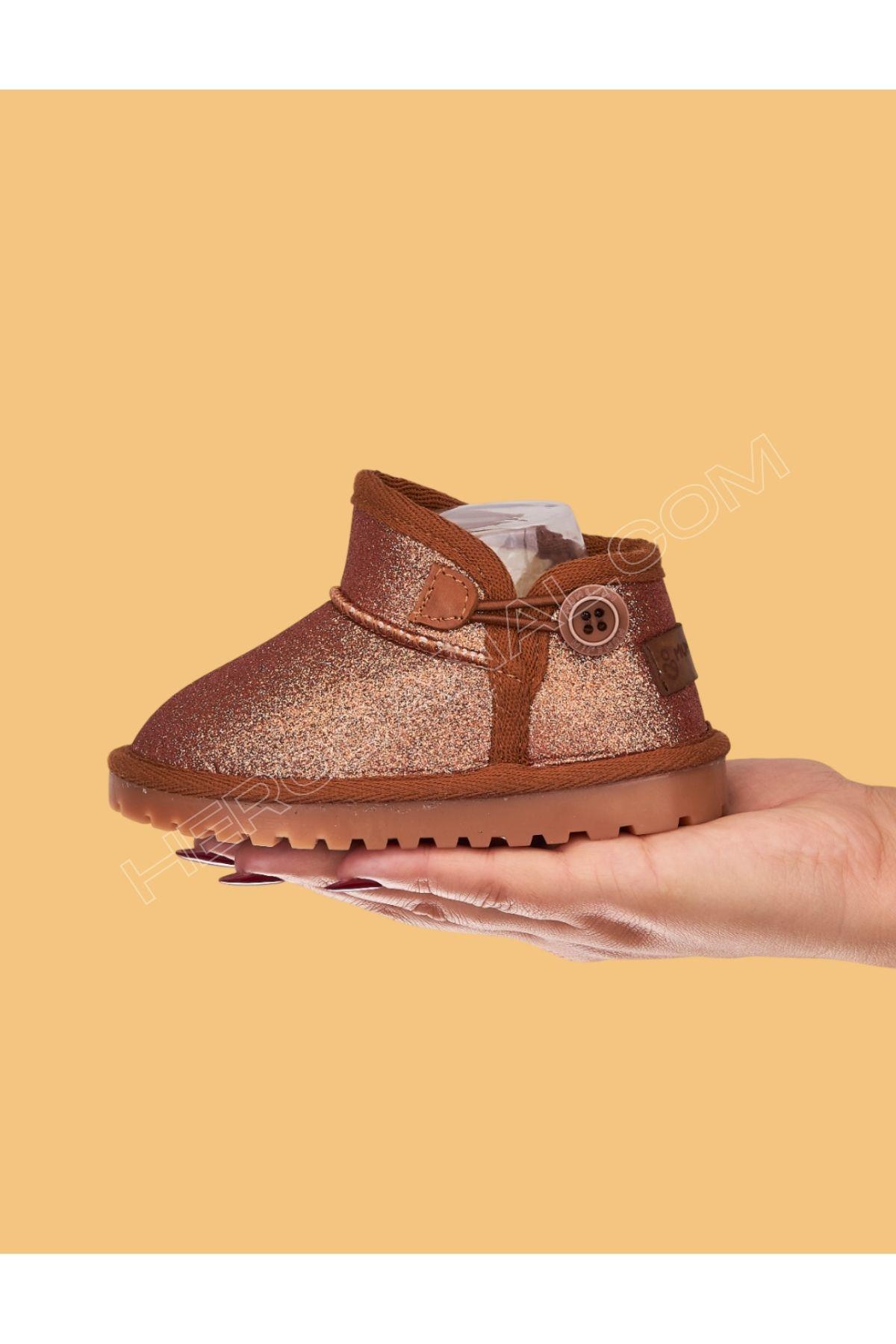 Aurora Çocuk Simli Düğmeli Bot – Ortopedik Taban - Taba