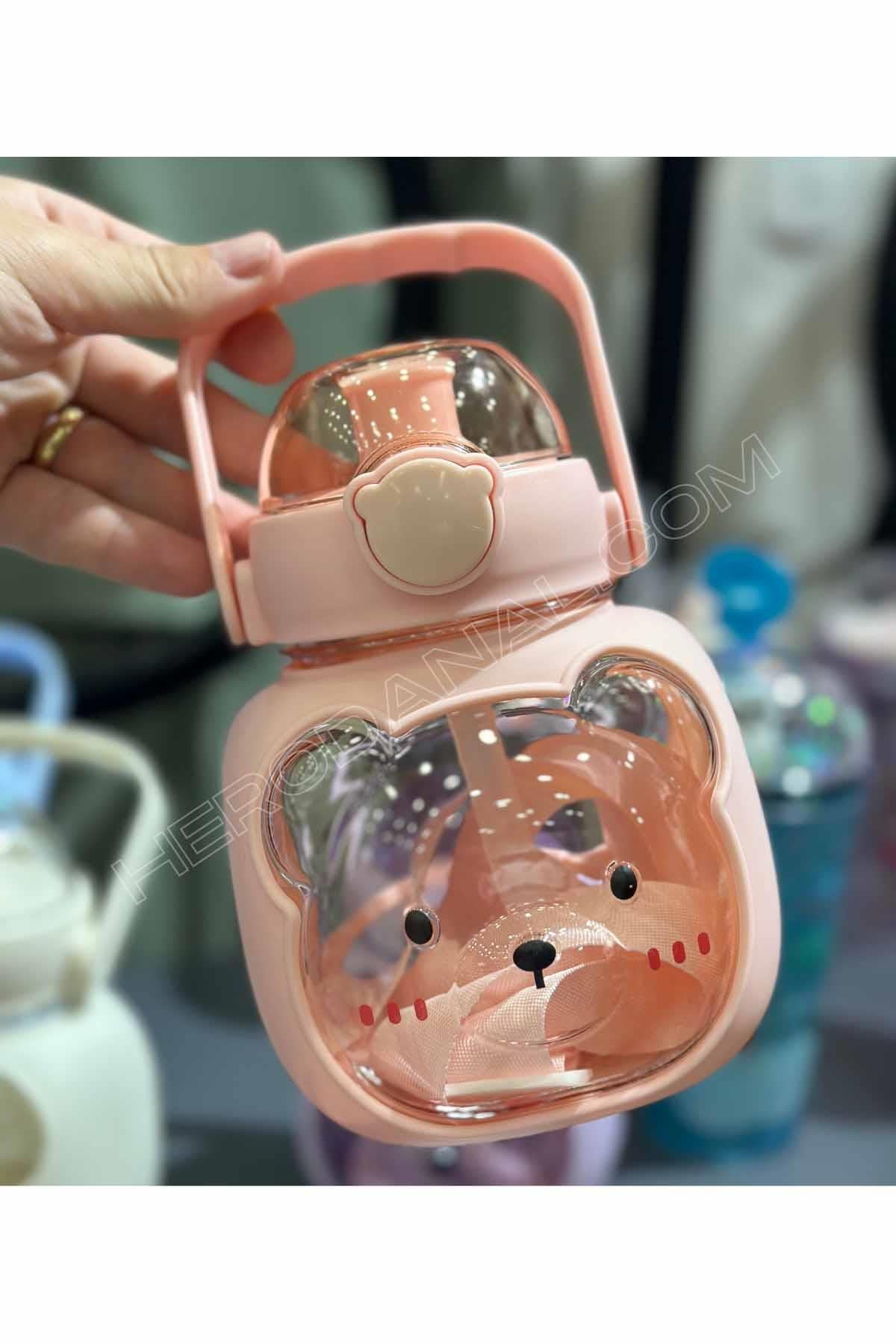 Ayıcıklı Su Matarası Pipet ve Normal Kullanım İlaveli - Pembe