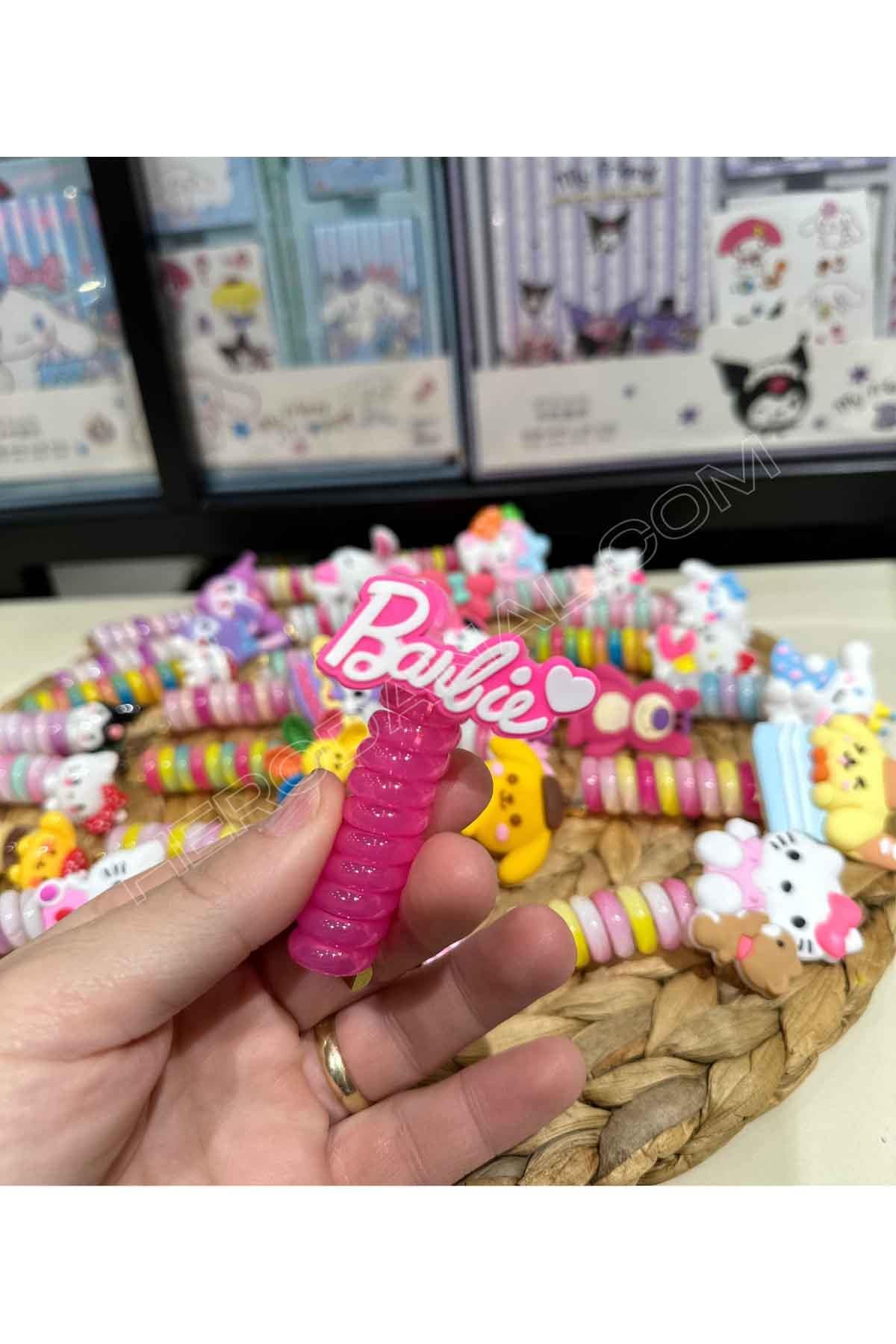 Barbie Yazılı Silikon Başlıklı Akordiyon & Burgu Toka - Koyu Pembe
