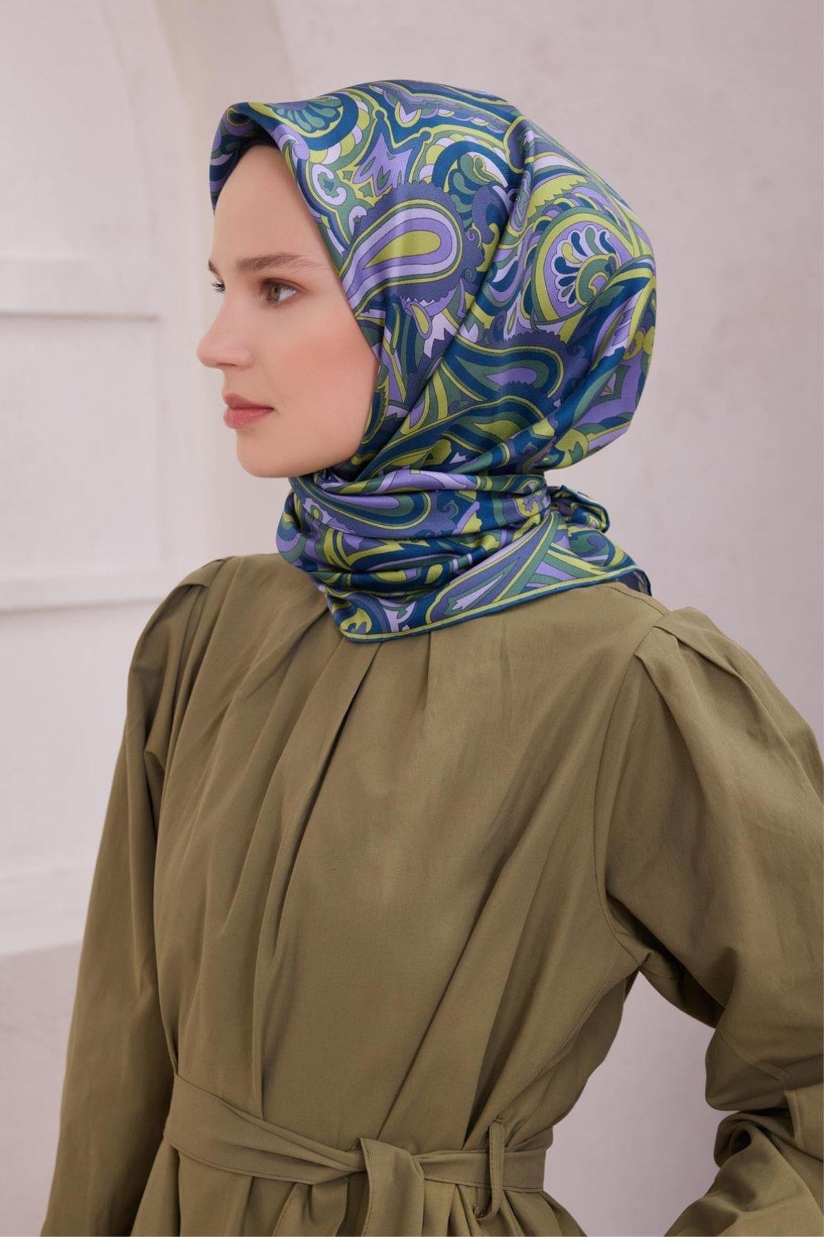 Belli Etnik Desen İpek Eşarp (Twill) - Lila - 59