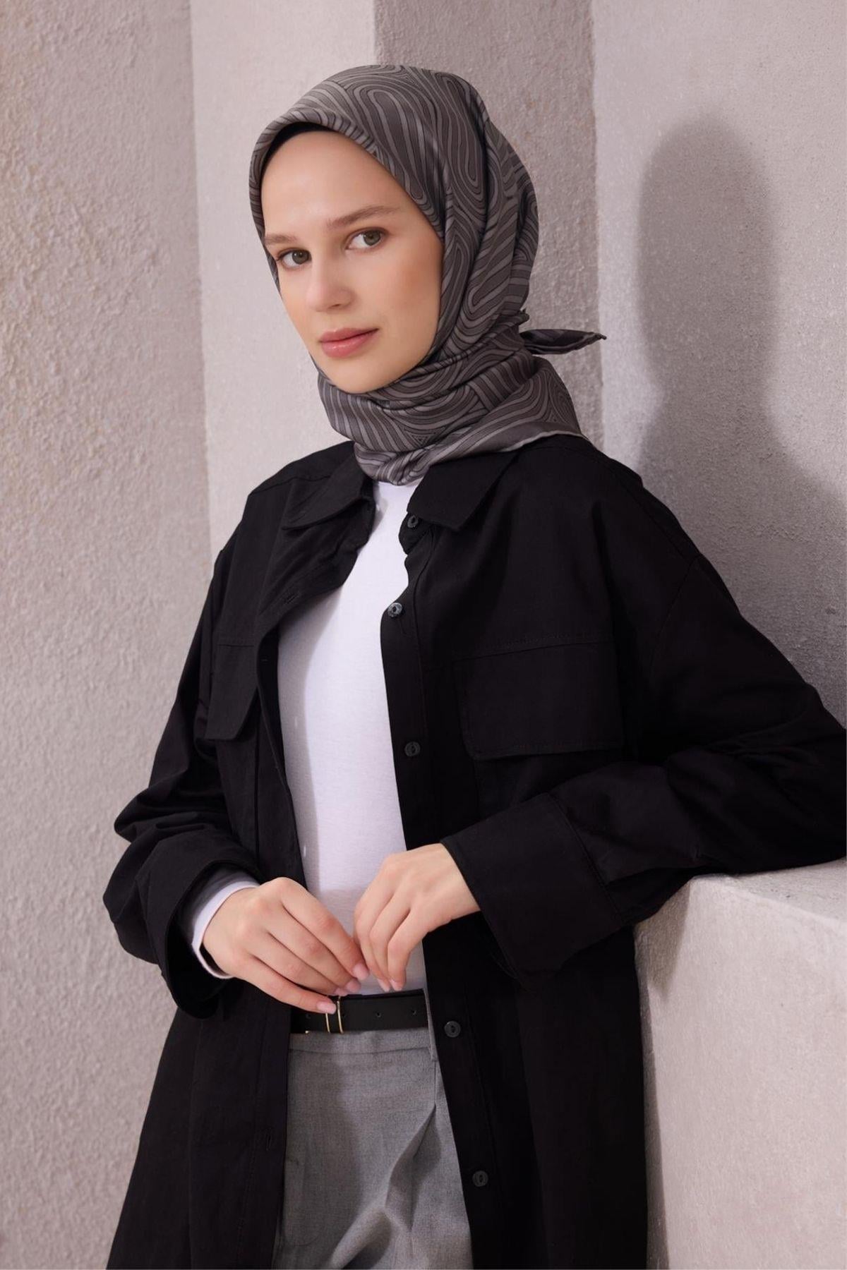 Belli Geometrik Desen İpek Eşarp (Twill) - Gri - 83