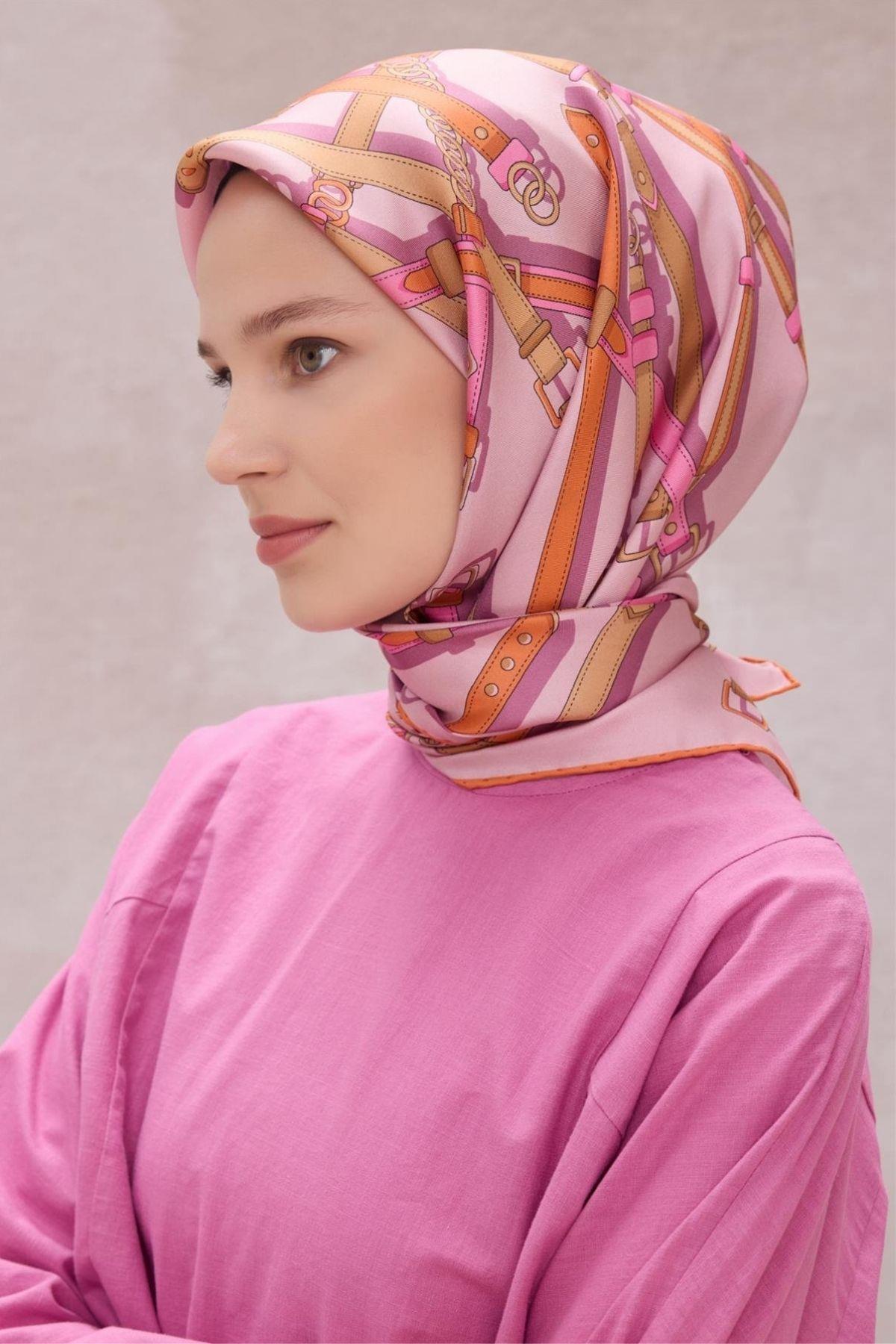Belli Kemer Desen İpek Eşarp (Twill) - Pembe - 04