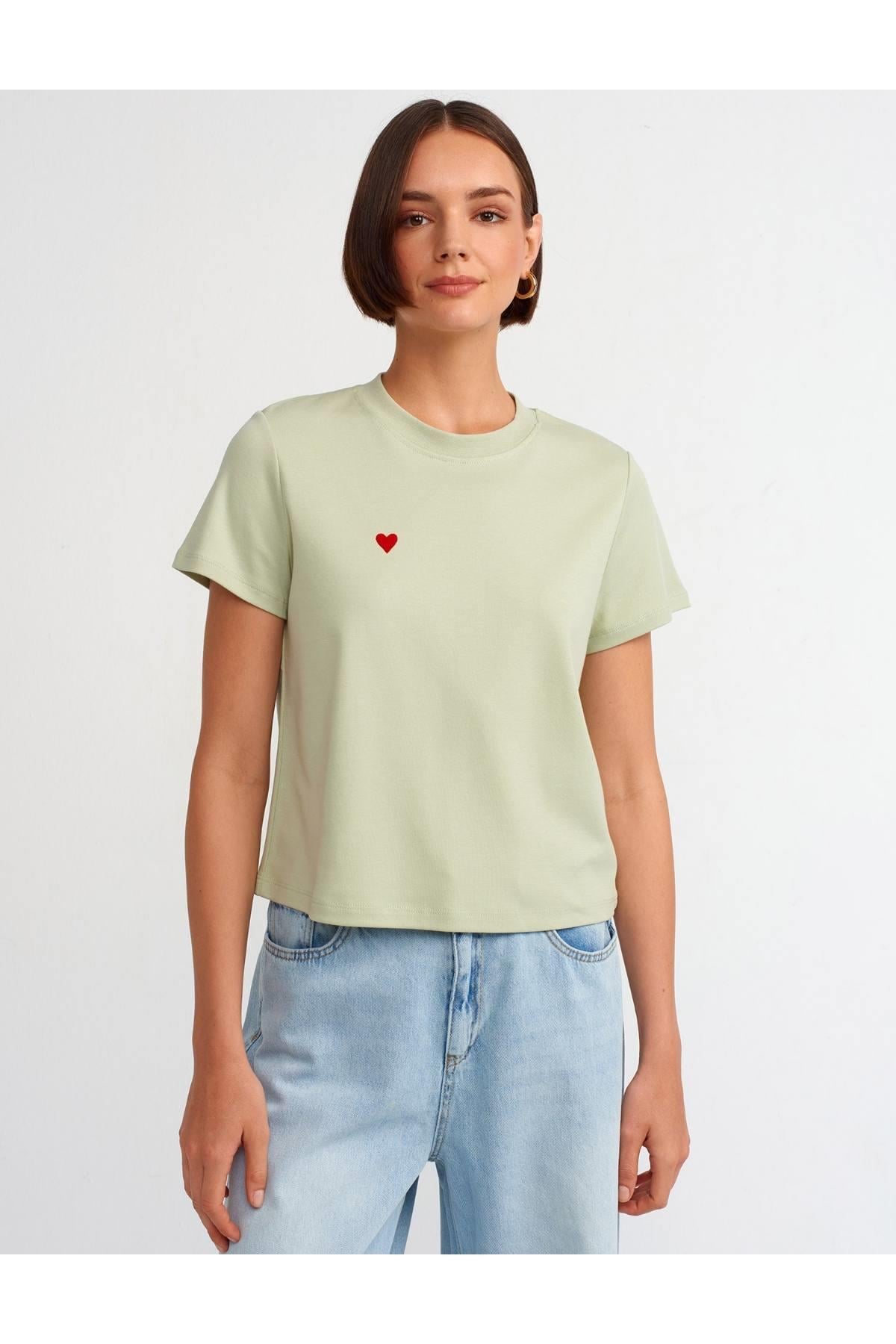 Bisiklet Yaka Kalp İşlemeli Pamuklu T-shirt - Mint