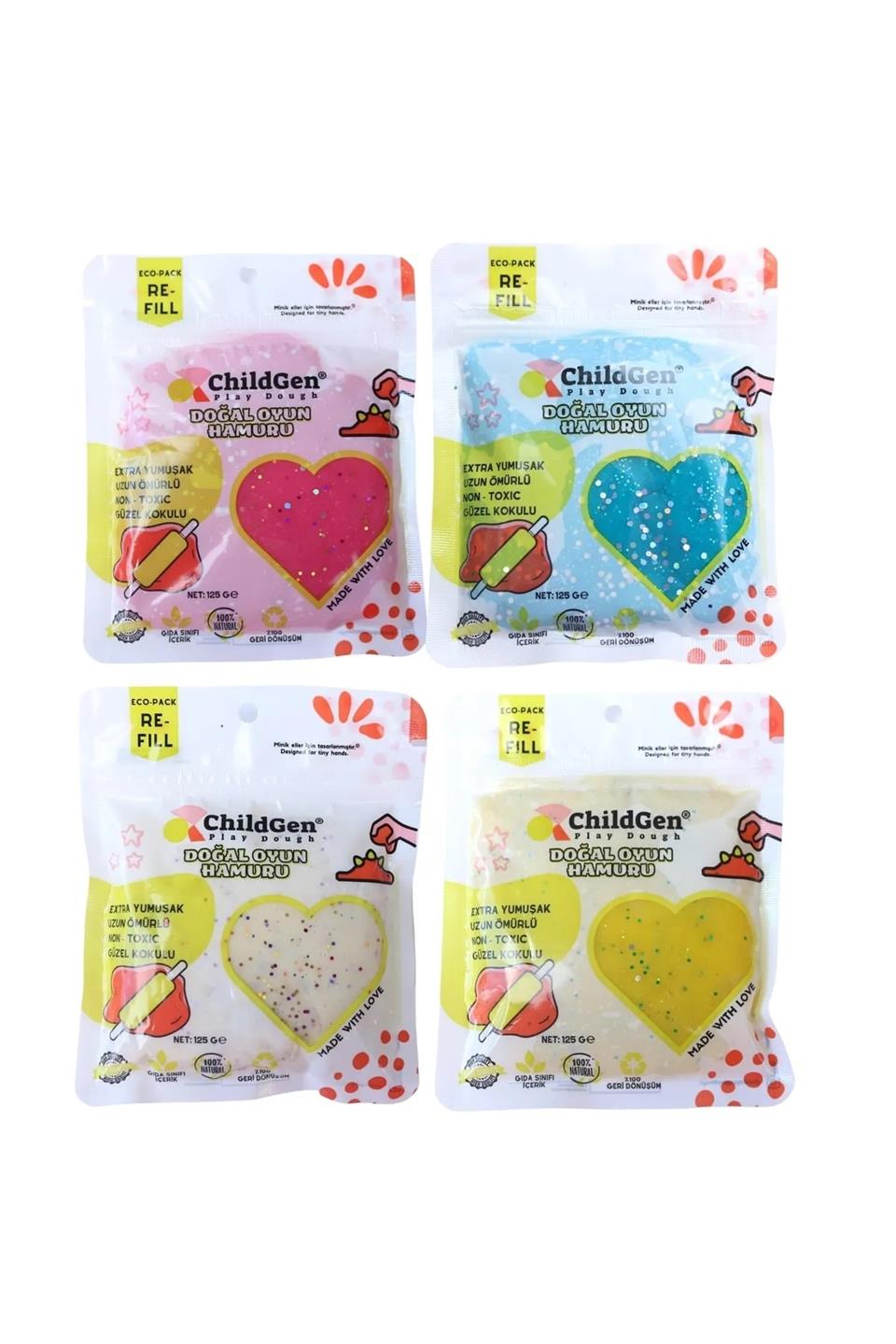 ChildGen Doğal Oyun Hamuru - 4lü Glitter (Simli) Set 4x125 Gr Vakumlu Kartuş Paket