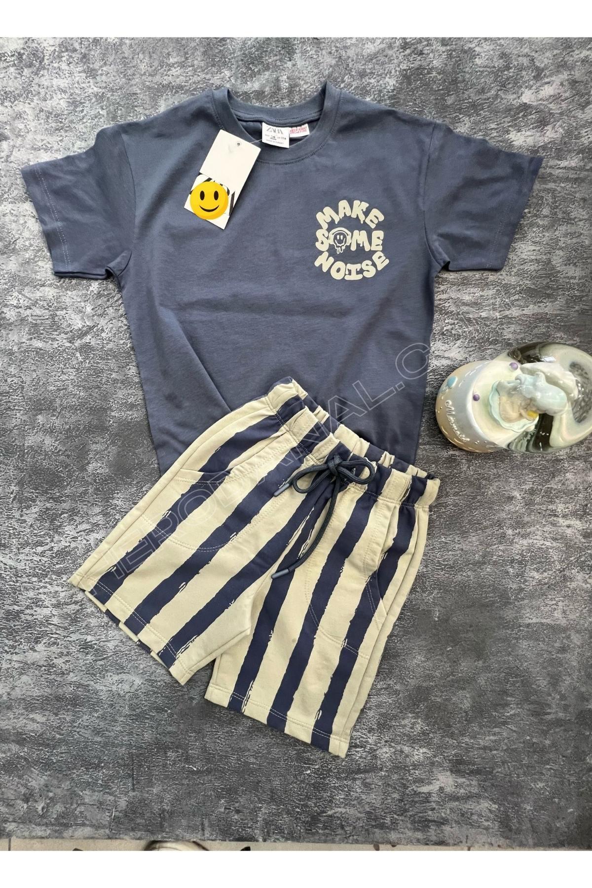 Çizgili Şort ve Baskılı T-shırt 2'li Takım - Antrasit