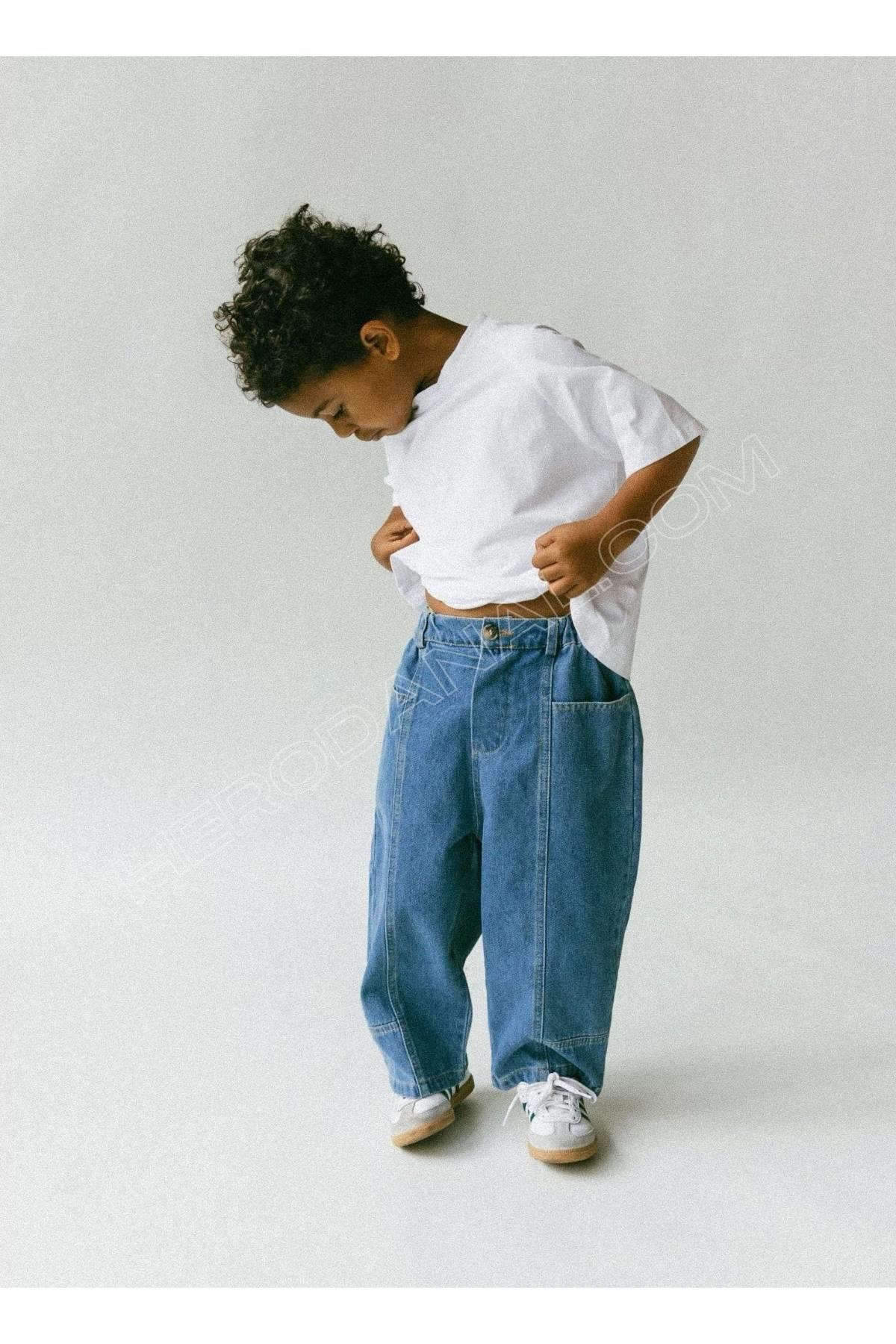 Çocuk Unisex Yüksel Bel Parşalı Denim Pantolon