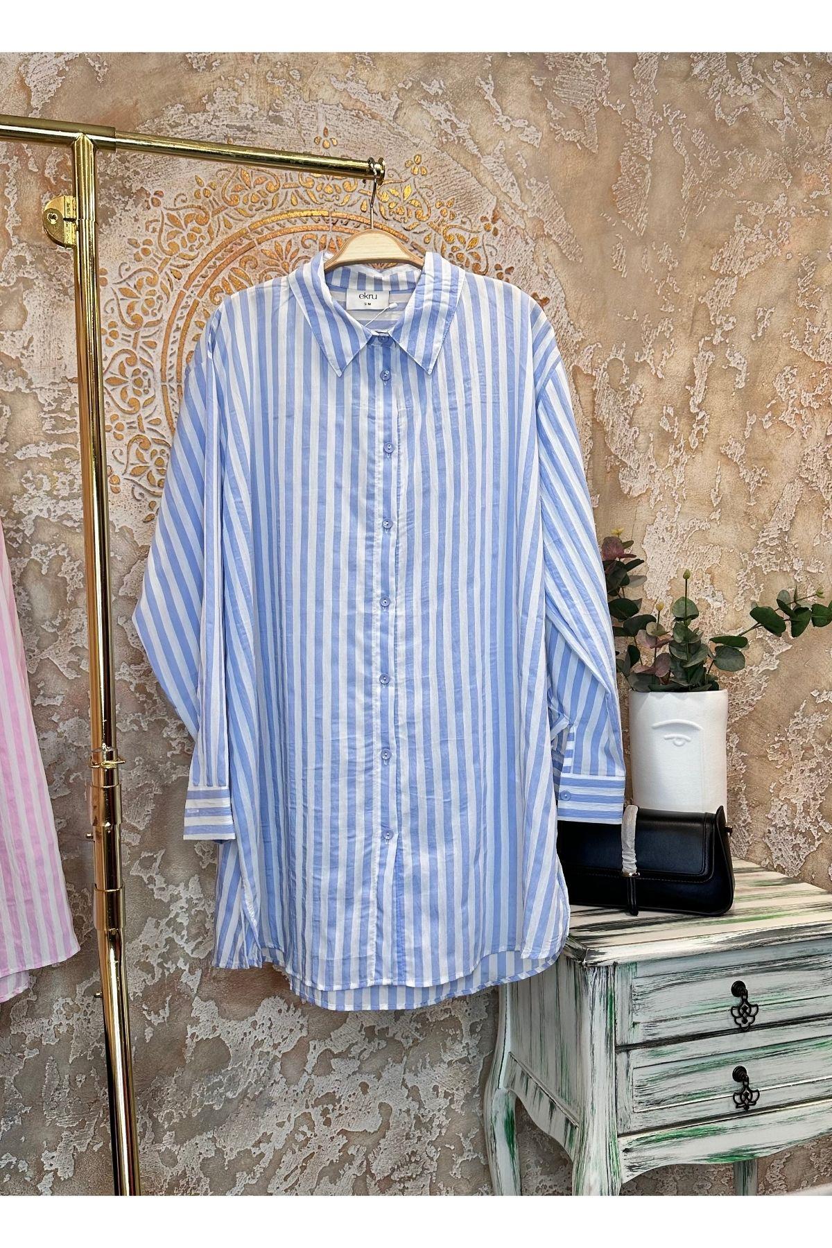 Dökümlü Çizgili Gömlek Oversize - Mavi