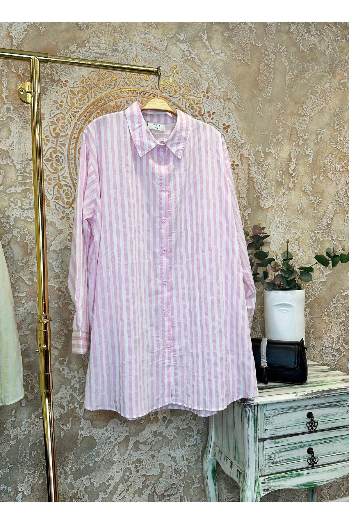 Dökümlü Çizgili Gömlek Oversize - Pembe
