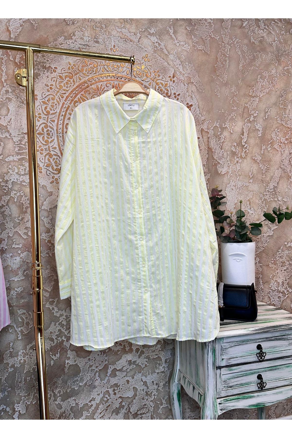 Dökümlü Çizgili Gömlek Oversize - Sarı