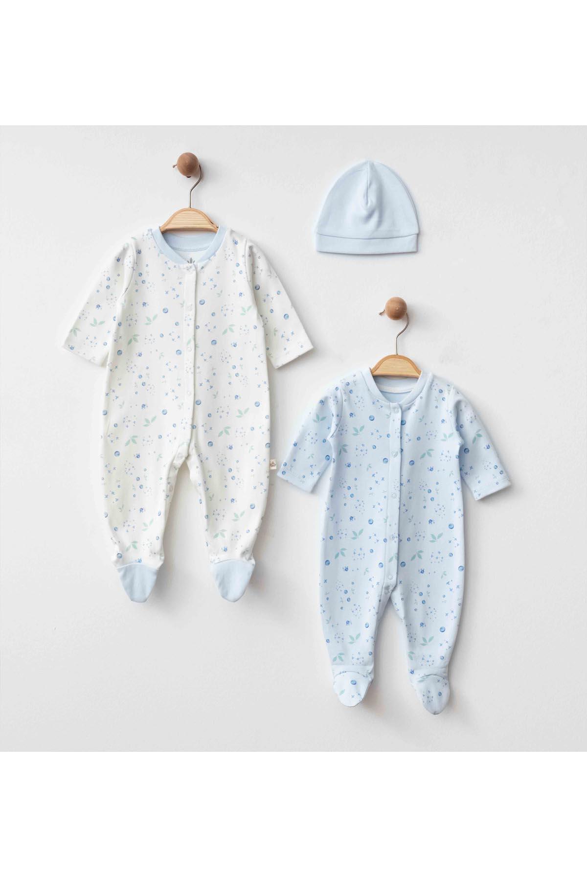 Eslenza Erkek Bebek  2'li Tulum ve Bereli Set 3 Parça - Bebe Mavi