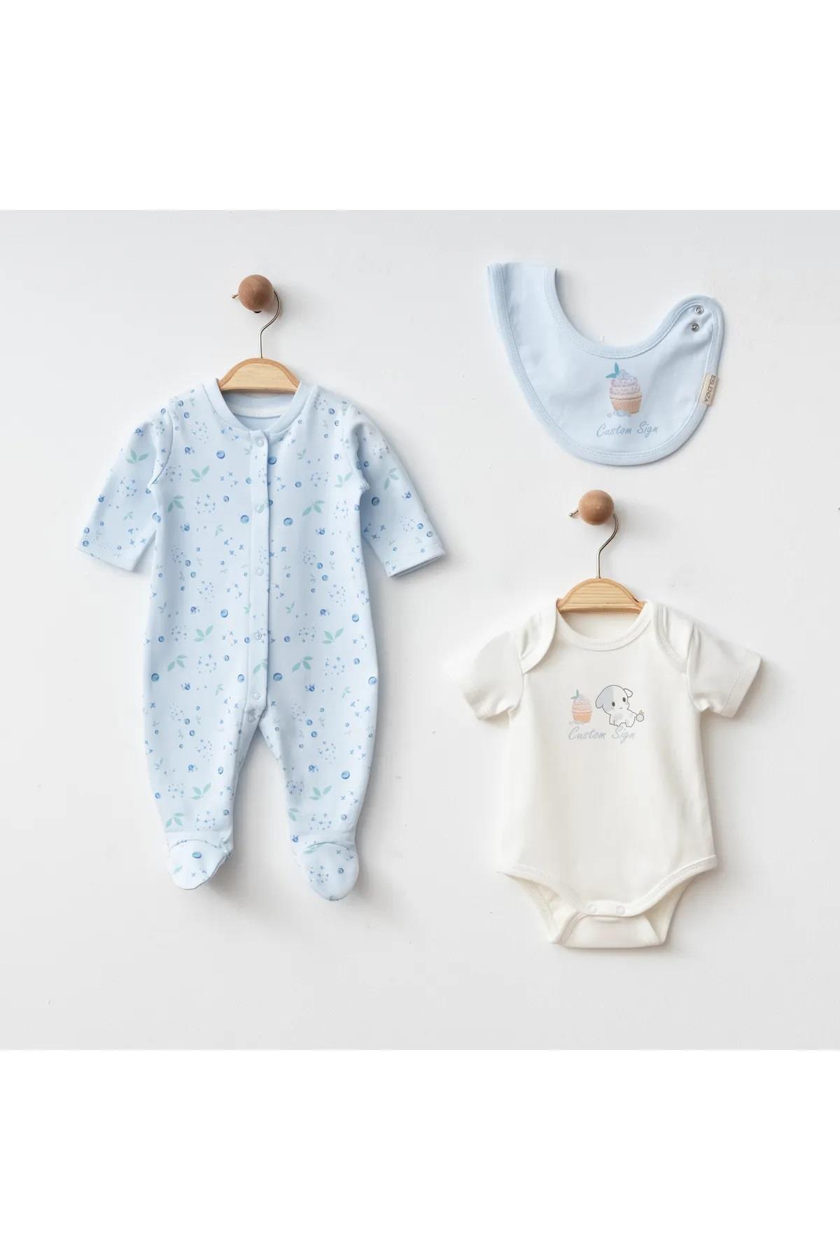 Eslenza Erkek Bebek  2'li Tulum ve Önlüklü Set 3 Parça - Bebe Mavi