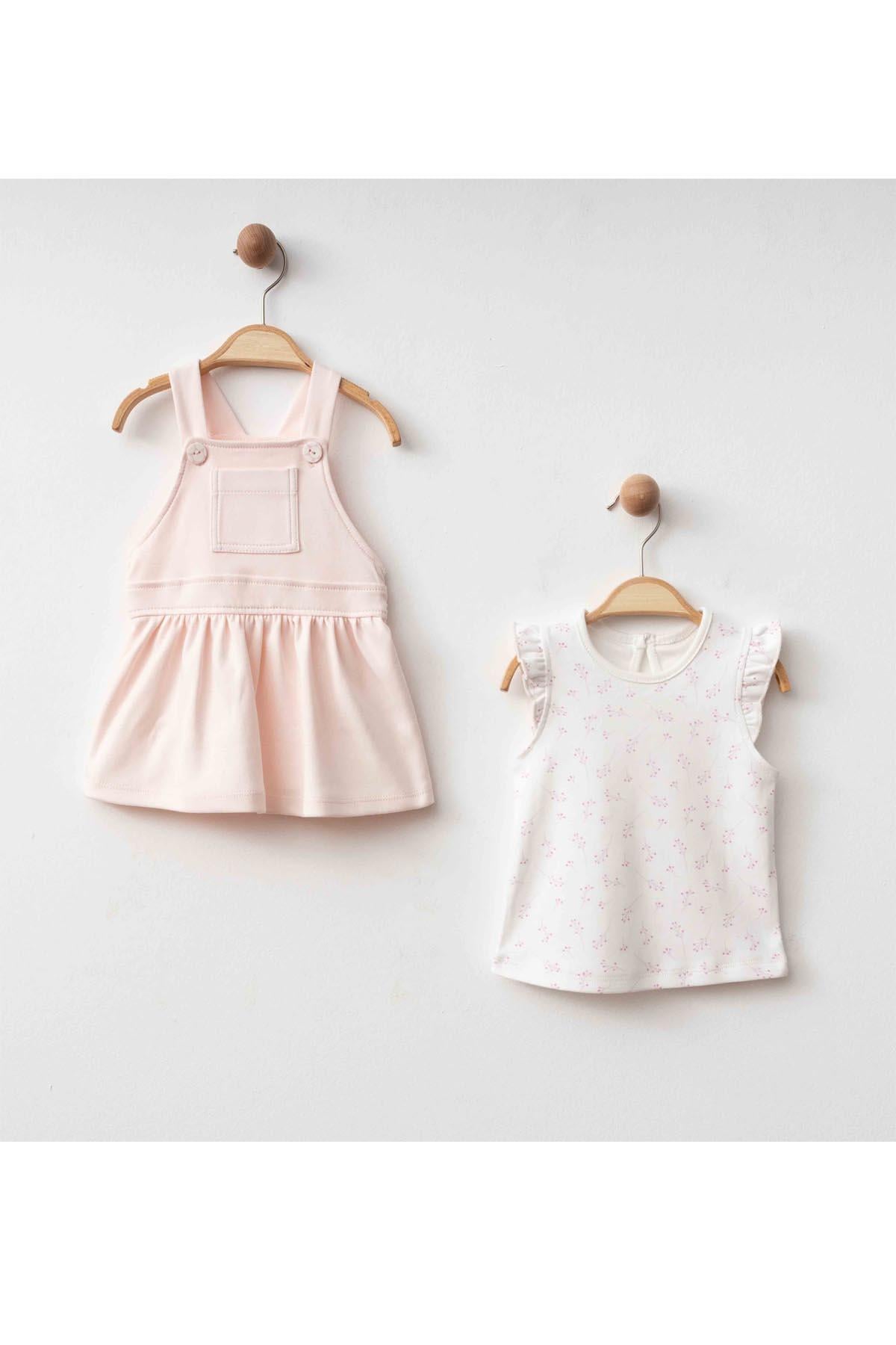 Eslenza Kız Bebek Salopet Elbiseli T-Shırt 2'li Takım - Pembe