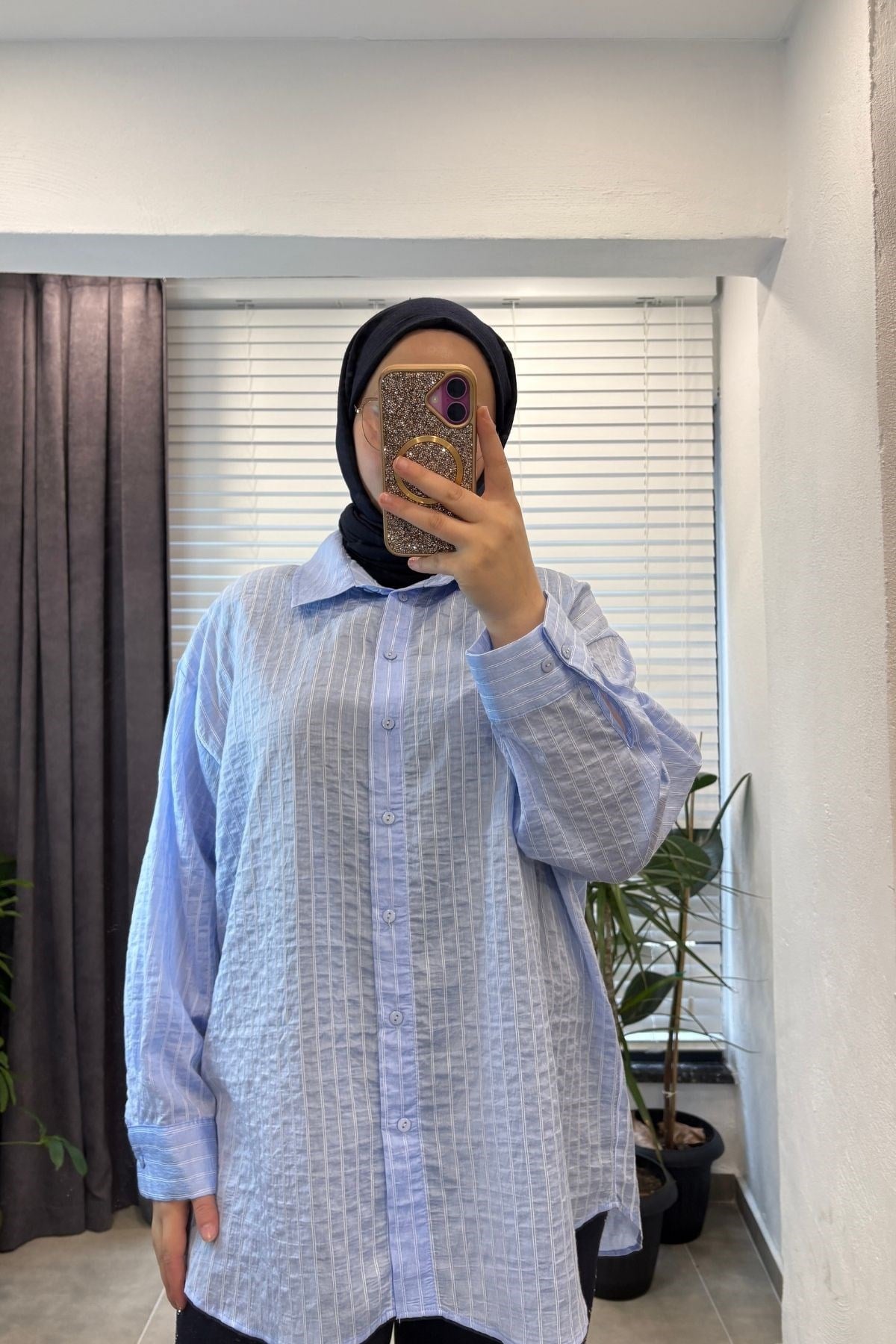 Kadın Çizgili Oversize Gömlek- Açık Mavi