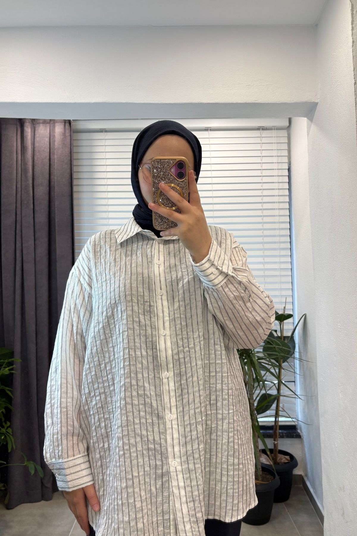 Kadın Çizgili Oversize Gömlek- Ekru