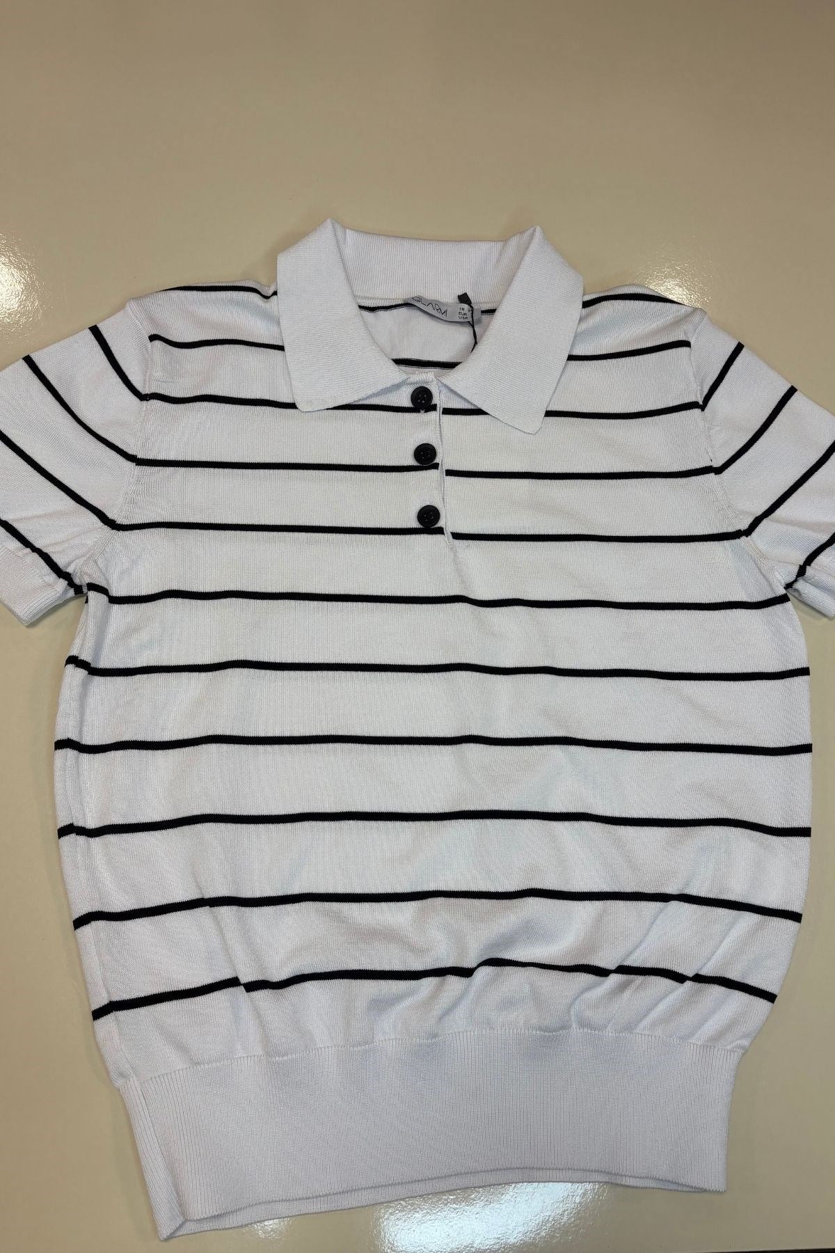 Kadın Çizgili Pola Yaka Tshirt -Ekru