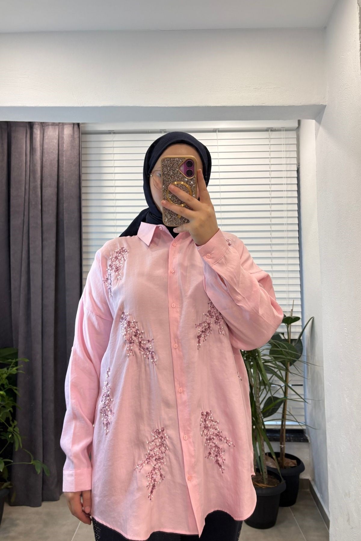 Kadın Efil Nakışlı Modal Gömlek-Pembe