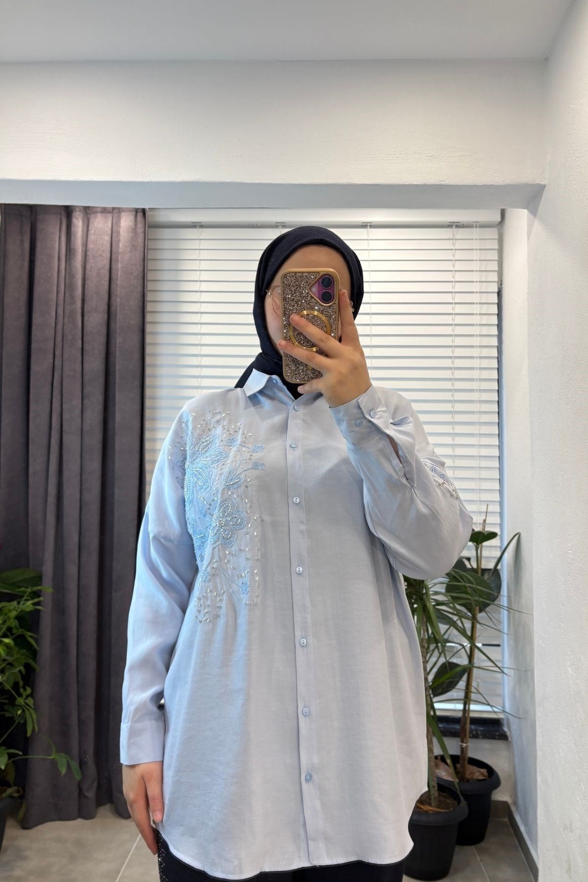 Kadın Mestan Nakışlı Modal Oversize Gömlek -Mavi