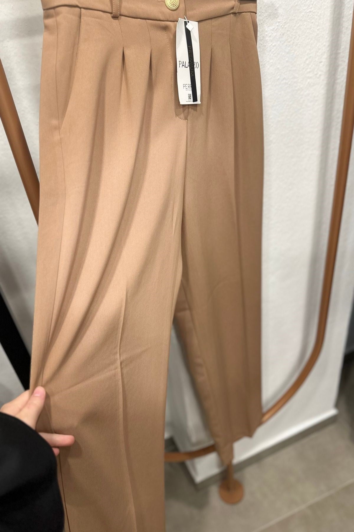 Kadın Premium Seri Beli Lastikli Bol Pallazzo Pantolon -Camel